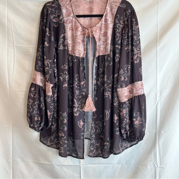 loralette Jackets & Blazers - Loralette Flowered Kimono 1X. String Tie Closure. Brown With Pink Velvet Trim